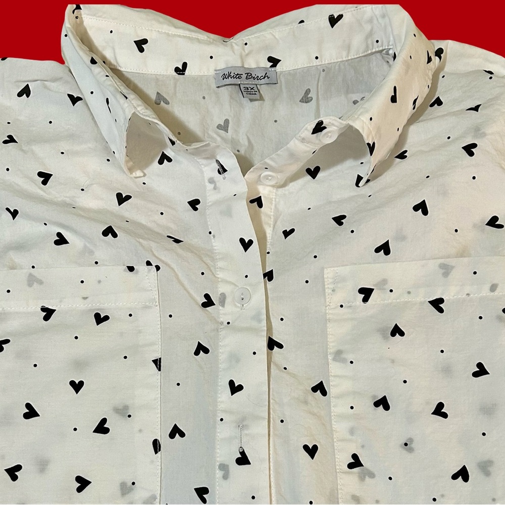 NWT! White Birch + size 3X. Oxford Button up w/ hearts and dots. Front Pockets - Picture 15 of 15